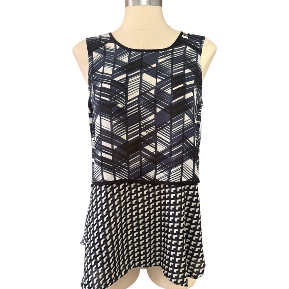 ALFANI womens navy and white sleeveless popover geometric patterwned blouse